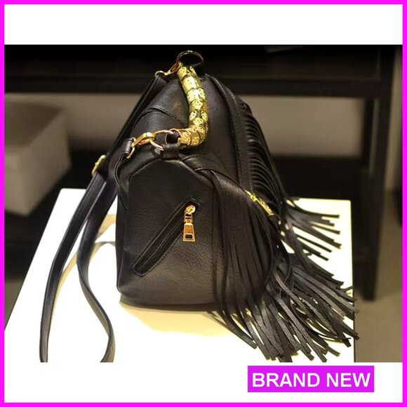 Vintage Boho Fringe Tassel Hobo Crossbody Bag PU Leather Adjustable Strap - Picture 3 of 7